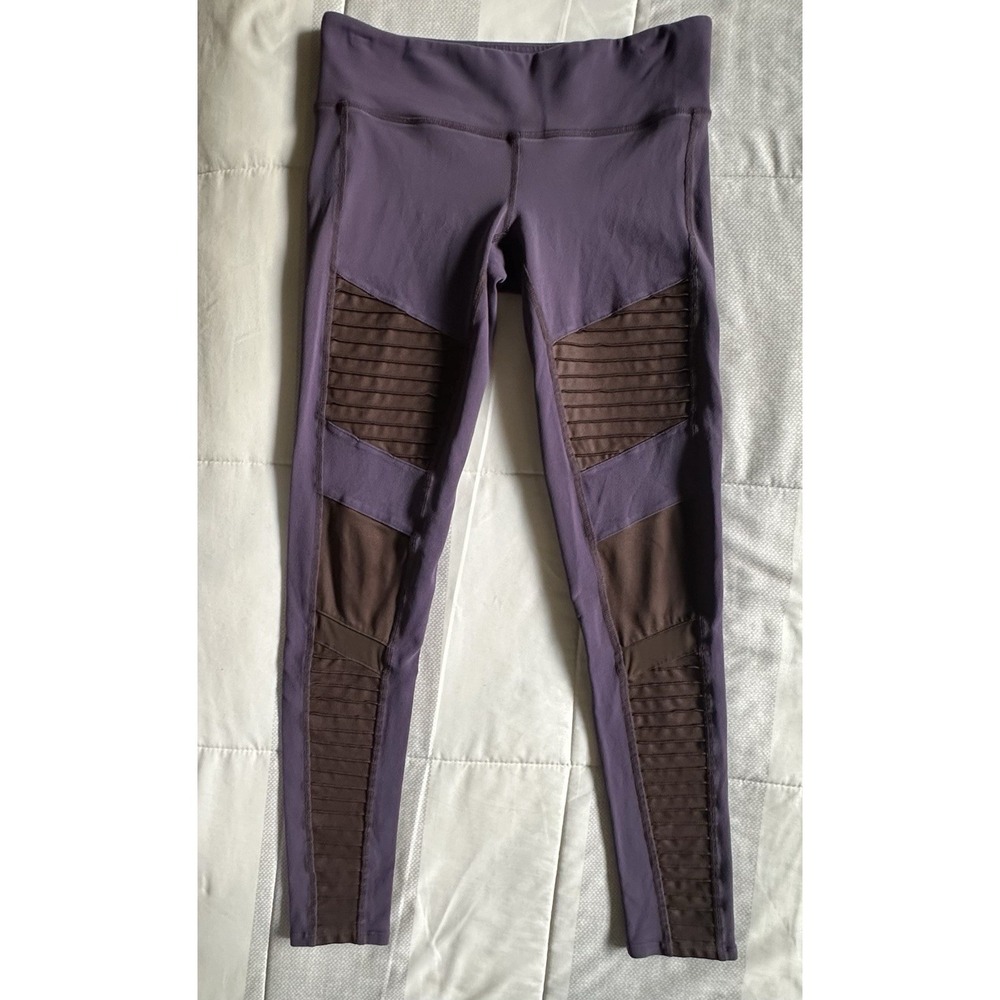 Alo Yoga Moto Leggings Purple‎ & Brown Mesh Ribbed Moto Detail Size Small